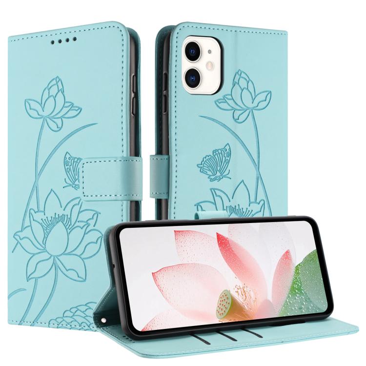 For iPhone 11 Lotus Embossed Leather Phone Case with Lanyard