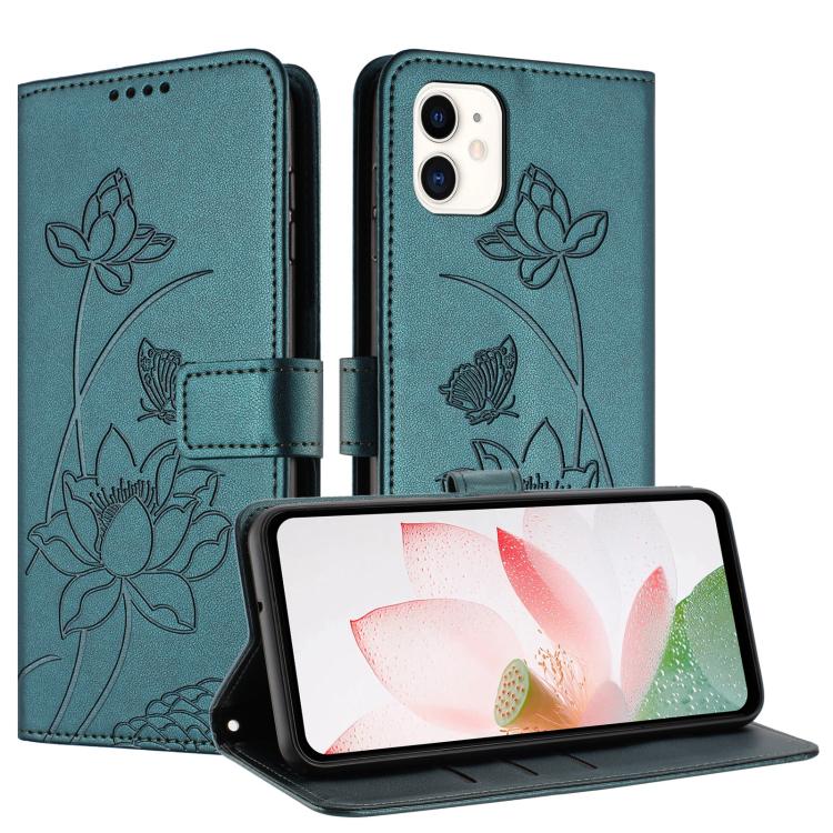 For iPhone 11 Lotus Embossed Leather Phone Case with Lanyard