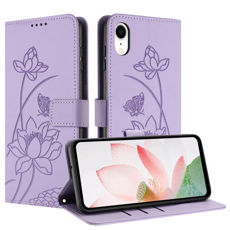 For iPhone XR Lotus Embossed Leather Phone Case with Lanyard