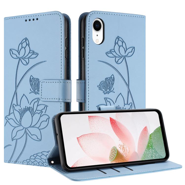 For iPhone XR Lotus Embossed Leather Phone Case with Lanyard