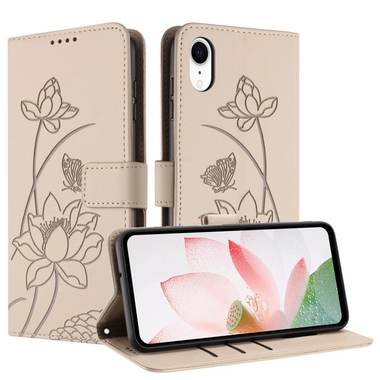For iPhone XR Lotus Embossed Leather Phone Case with Lanyard