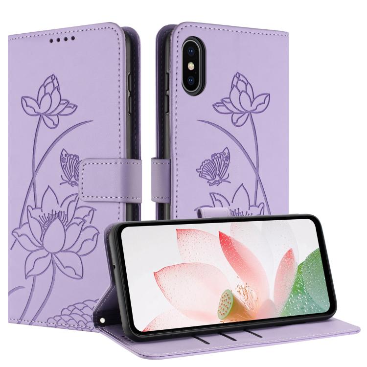 For iPhone XS Max Lotus Embossed Leather Phone Case with Lanyard