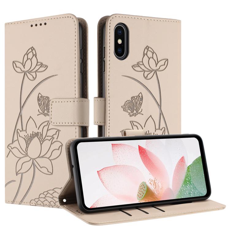 For iPhone XS Max Lotus Embossed Leather Phone Case with Lanyard