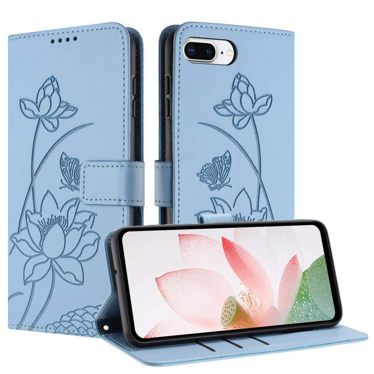 For iPhone 8 Plus / 7 Plus Lotus Embossed Leather Phone Case with Lanyard