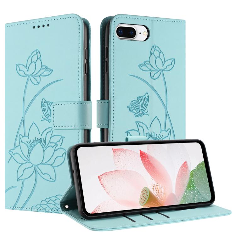 For iPhone 8 Plus / 7 Plus Lotus Embossed Leather Phone Case with Lanyard
