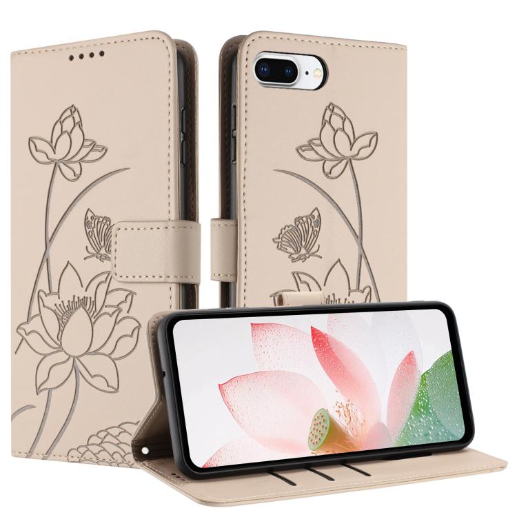 For iPhone 8 Plus / 7 Plus Lotus Embossed Leather Phone Case with Lanyard
