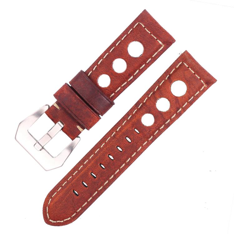 24mm xDfind Silver Buckle Three-hole Breathable Genuine Leather Watch Band