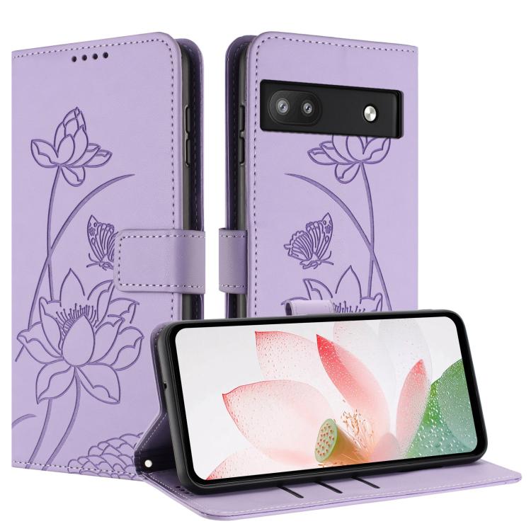 For Google Pixel 6a Lotus Embossed Leather Phone Case with Lanyard
