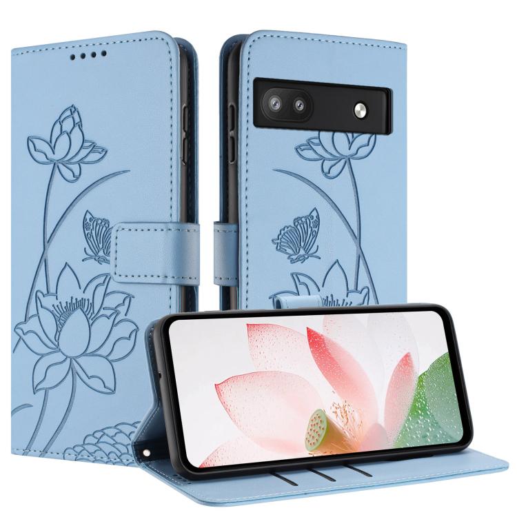 For Google Pixel 6a Lotus Embossed Leather Phone Case with Lanyard
