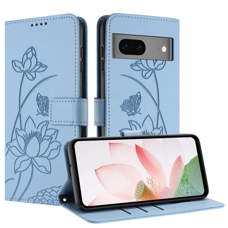 For Google Pixel 7 Lotus Embossed Leather Phone Case with Lanyard