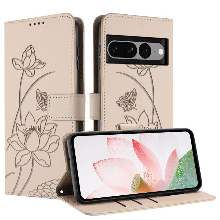 For Google Pixel 7 Pro Lotus Embossed Leather Phone Case with Lanyard