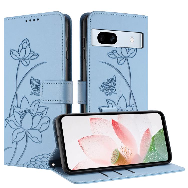 For Google Pixel 7a Lotus Embossed Leather Phone Case with Lanyard
