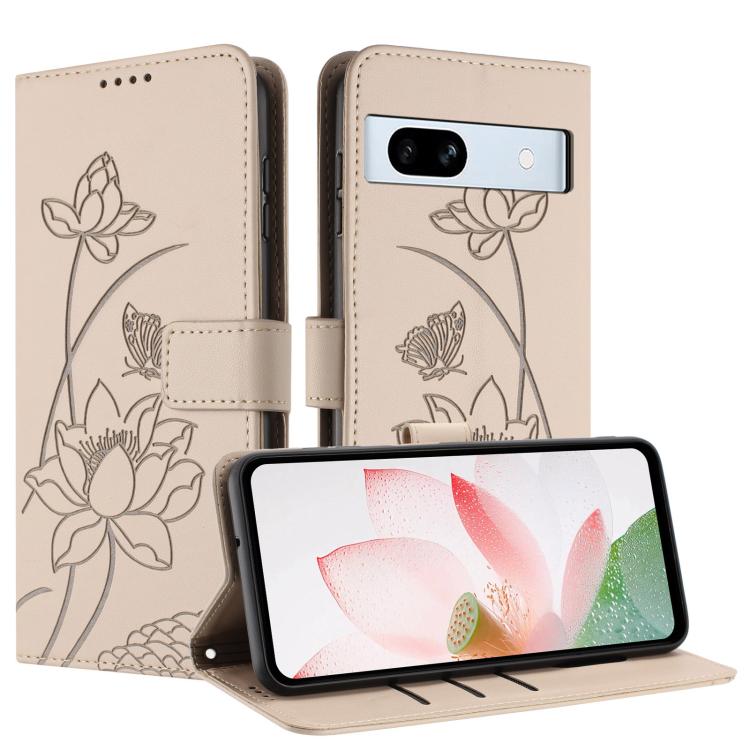 For Google Pixel 7a Lotus Embossed Leather Phone Case with Lanyard