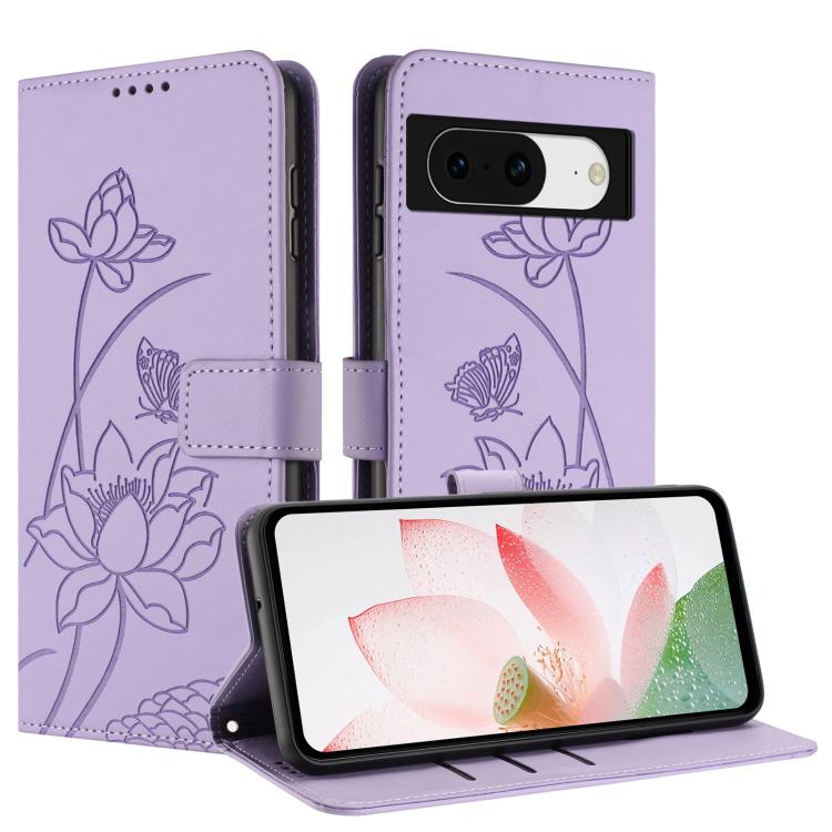 For Google Pixel 8 Lotus Embossed Leather Phone Case with Lanyard