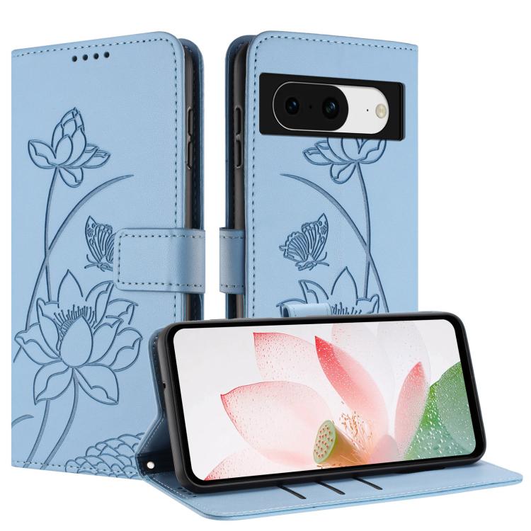 For Google Pixel 8 Lotus Embossed Leather Phone Case with Lanyard