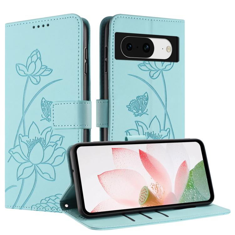 For Google Pixel 8 Lotus Embossed Leather Phone Case with Lanyard
