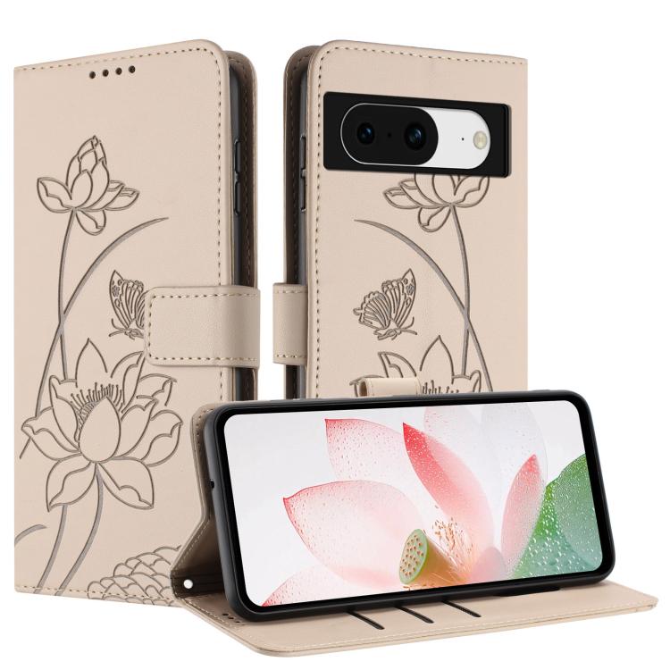 For Google Pixel 8 Lotus Embossed Leather Phone Case with Lanyard