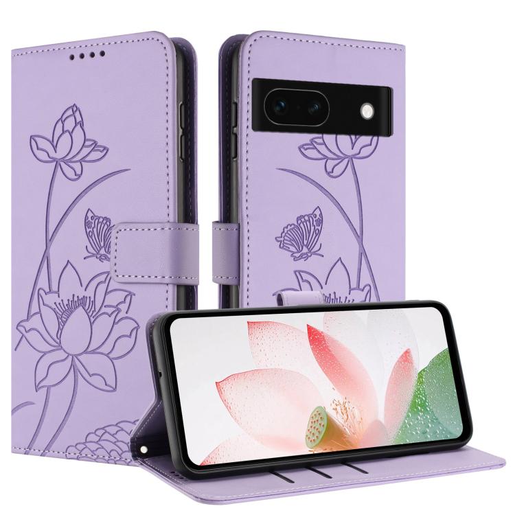 For Google Pixel 8a Lotus Embossed Leather Phone Case with Lanyard