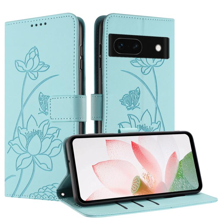 For Google Pixel 8a Lotus Embossed Leather Phone Case with Lanyard