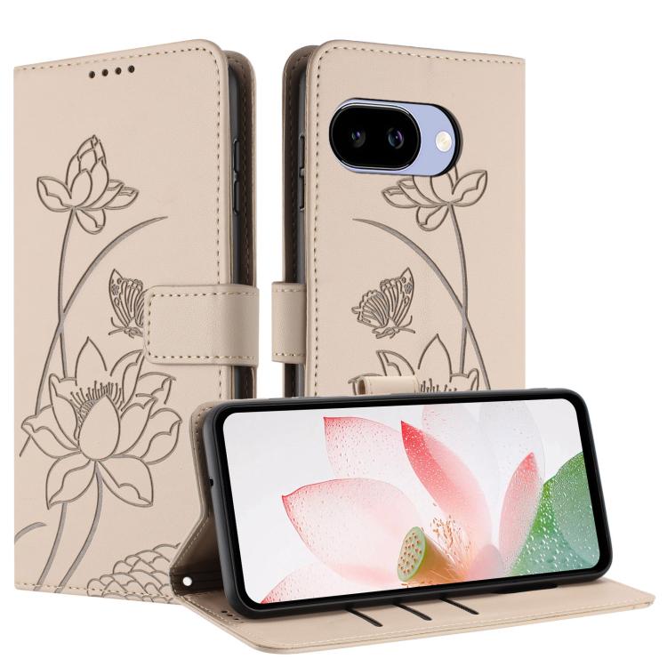 For Google Pixel 9a Lotus Embossed Leather Phone Case with Lanyard