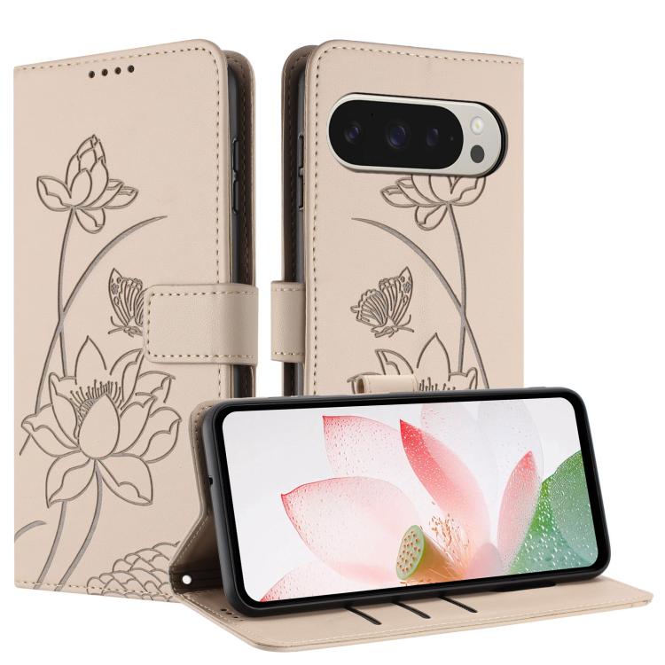 For Google Pixel 11 Pro XL Lotus Embossed Leather Phone Case with Lanyard