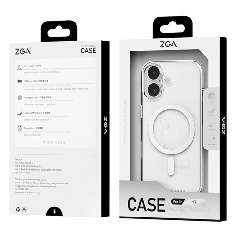 For iPhone 17 Pro Max ZGA Magsafe Metal Buttons Clear PC Hybrid TPU Phone Case - Transparent