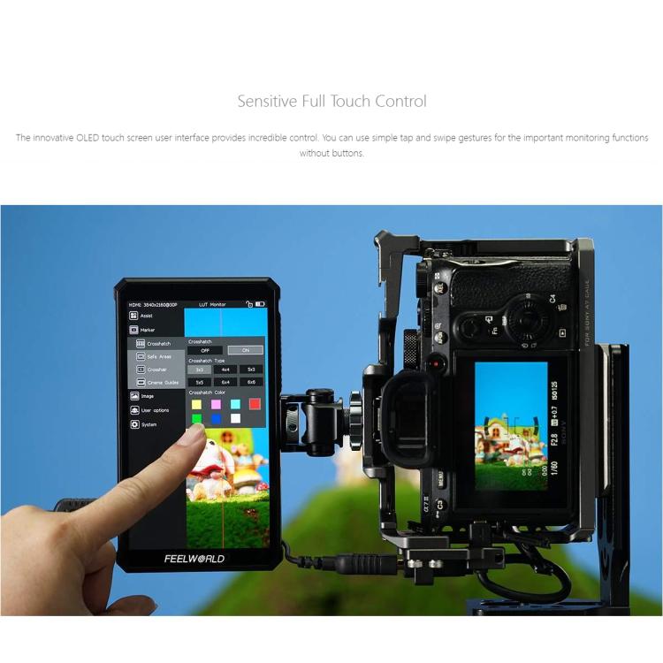FEELWORLD PS6 5.5 inch OLED Vertical Horizontal Camera Field Video Monitor Touch Screen 4K HDMI-compatible, Plug:EU Plug - Black