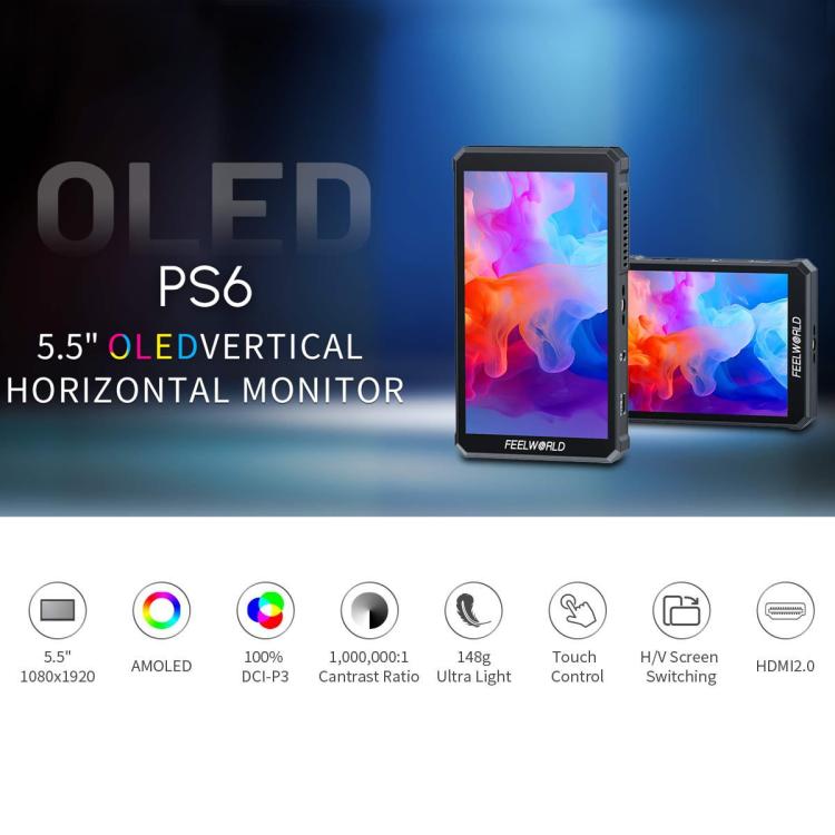 FEELWORLD PS6 5.5 inch OLED Vertical Horizontal Camera Field Video Monitor Touch Screen 4K HDMI-compatible, Plug:UK Plug - Black