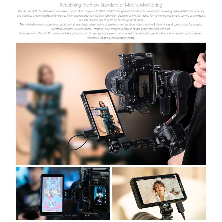 FEELWORLD PS6 5.5 inch OLED Vertical Horizontal Camera Field Video Monitor Touch Screen 4K HDMI-compatible, Plug:US Plug - Black