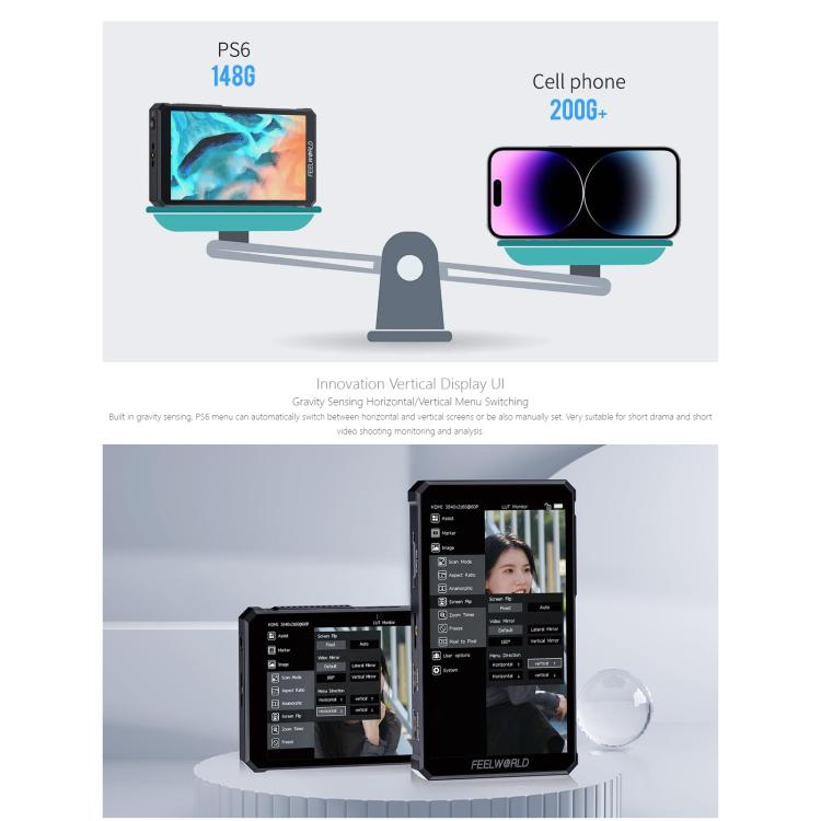 FEELWORLD PS6 5.5 inch OLED Vertical Horizontal Camera Field Video Monitor Touch Screen 4K HDMI-compatible, Plug:EU Plug - Black