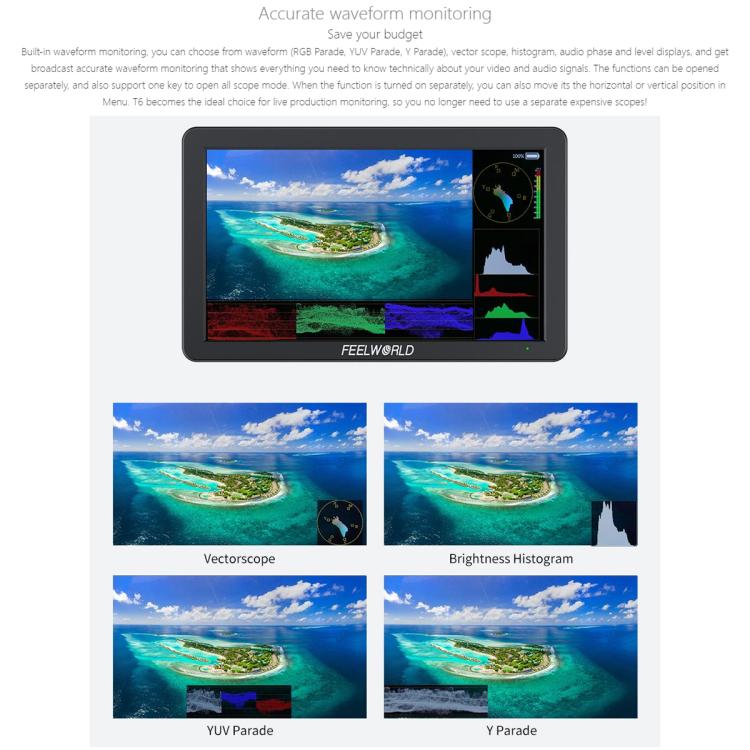 FEELWORLD T6 6 inch Camera Field Video Monitor Aluminium Housing 4K HDMI-compatible 1920x1080 IPS - Black