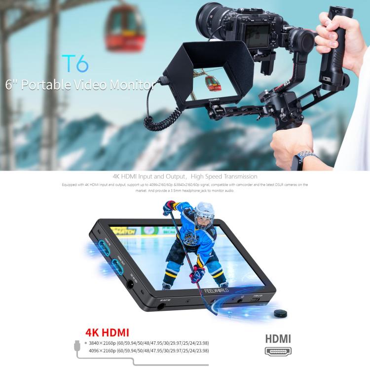 FEELWORLD T6 6 inch Camera Field Video Monitor Aluminium Housing 4K HDMI-compatible 1920x1080 IPS - Black