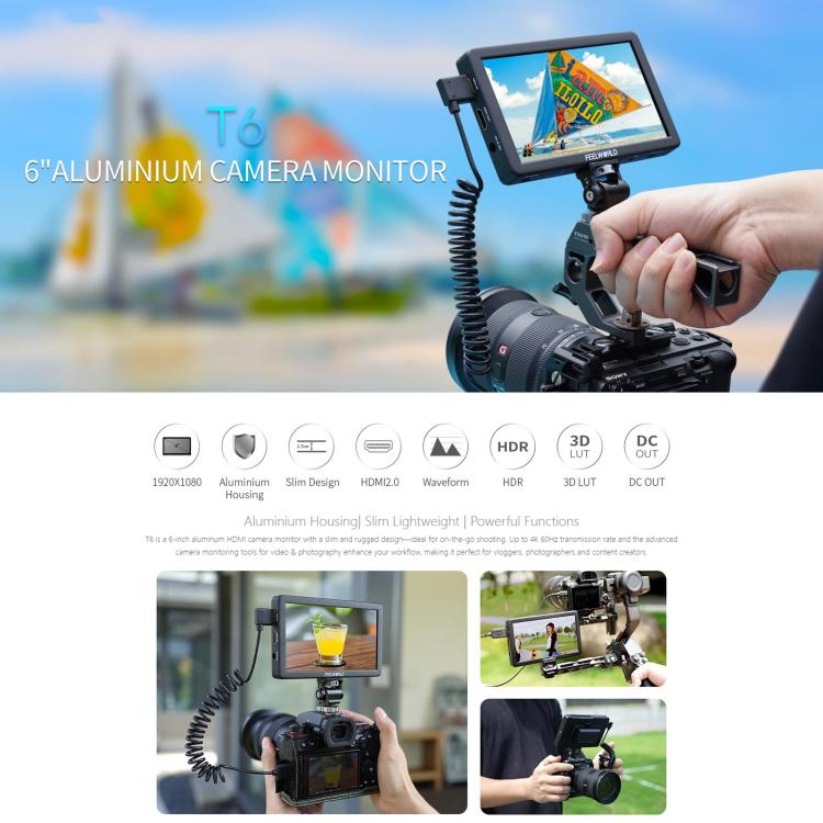 FEELWORLD T6 6 inch Camera Field Video Monitor Aluminium Housing 4K HDMI-compatible 1920x1080 IPS - Black