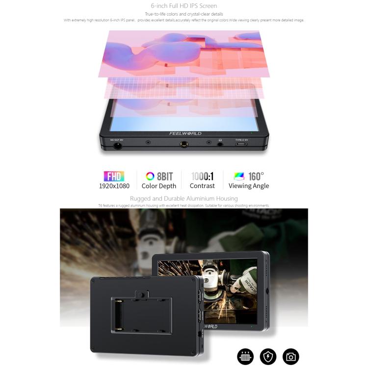 FEELWORLD T6 6 inch Camera Field Video Monitor Aluminium Housing 4K HDMI-compatible 1920x1080 IPS - Black