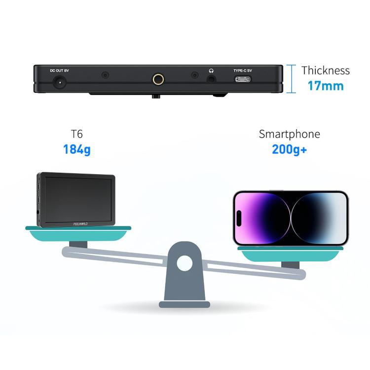 FEELWORLD T6 6 inch Camera Field Video Monitor Aluminium Housing 4K HDMI-compatible 1920x1080 IPS - Black