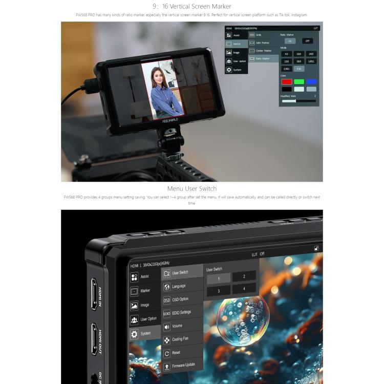 FEELWORLD FW568 Pro 6-inch 1200nit High Bright Camera DSLR Monitor 4K HDMI 60Hz IPS Screen - Black