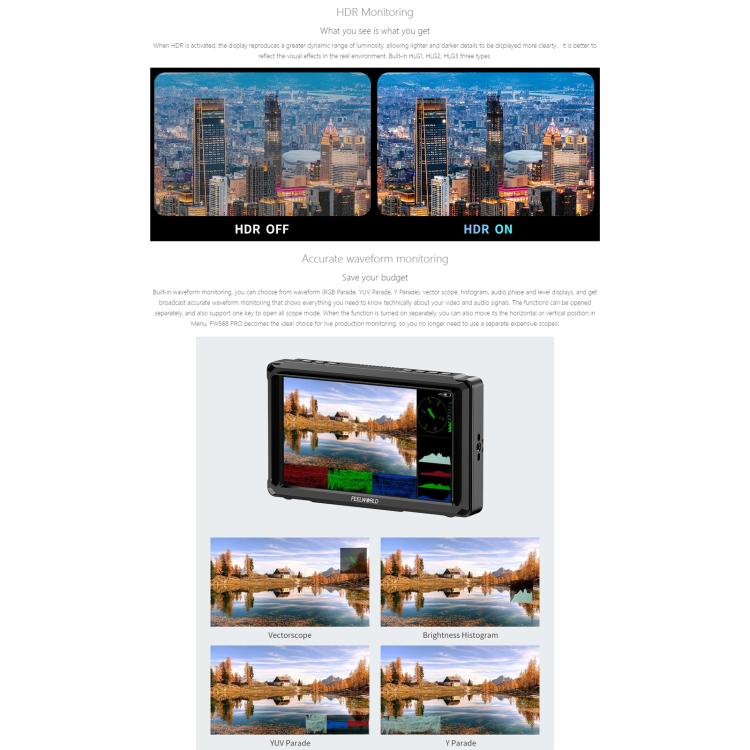 FEELWORLD FW568 Pro 6-inch 1200nit High Bright Camera DSLR Monitor 4K HDMI 60Hz IPS Screen - Black