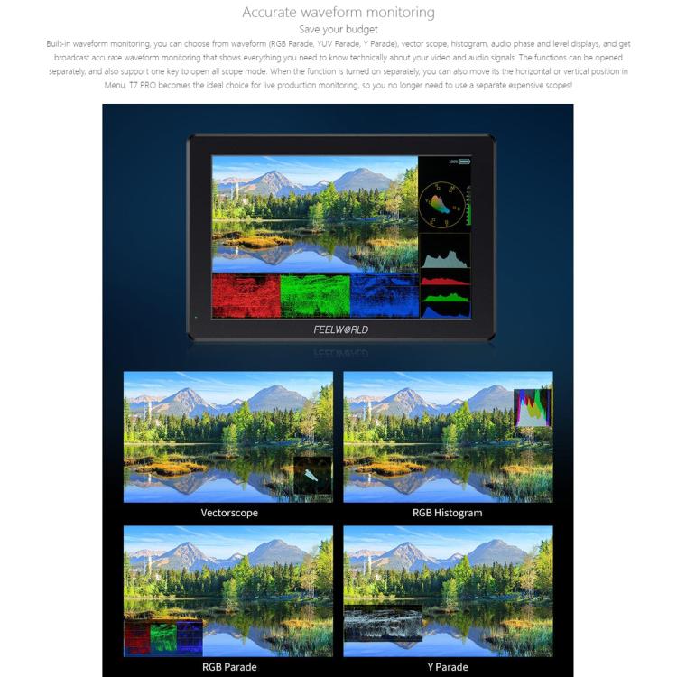 FEELWORLD T7 Pro 7-inch 2000nit Camera Field Video Monitor Aluminium Housing 4K 1920 x 1200 HDMI-compatible IPS Screen - Black