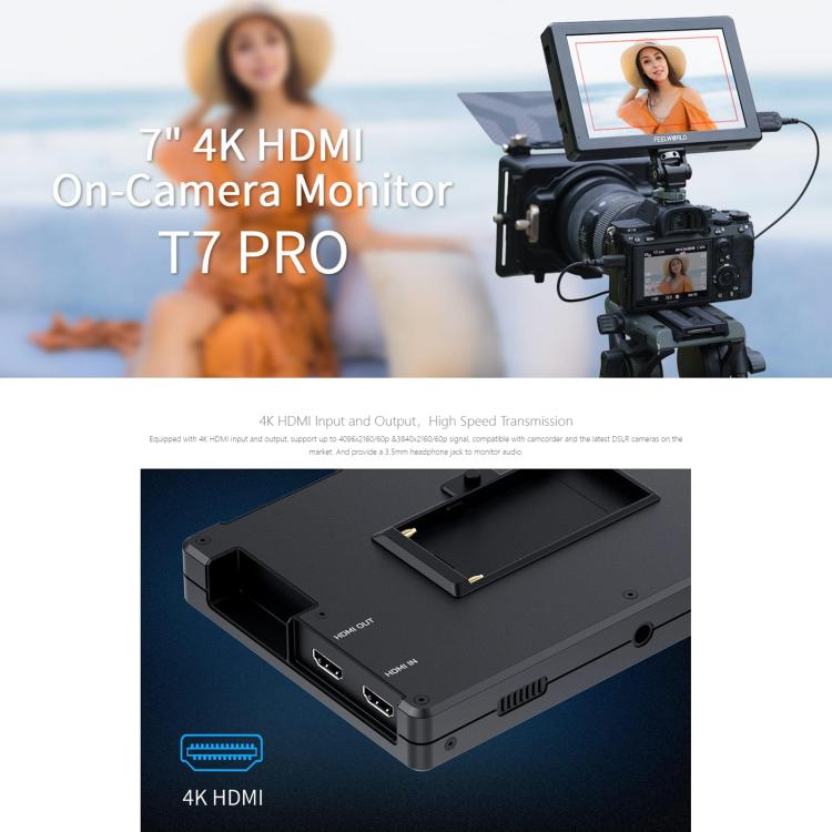 FEELWORLD T7 Pro 7-inch 2000nit Camera Field Video Monitor Aluminium Housing 4K 1920 x 1200 HDMI-compatible IPS Screen - Black