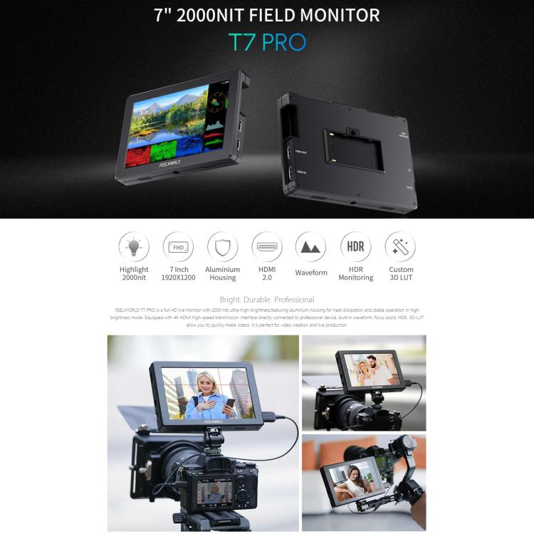 FEELWORLD T7 Pro 7-inch 2000nit Camera Field Video Monitor Aluminium Housing 4K 1920 x 1200 HDMI-compatible IPS Screen - Black