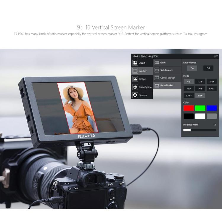 FEELWORLD T7 Pro 7-inch 2000nit Camera Field Video Monitor Aluminium Housing 4K 1920 x 1200 HDMI-compatible IPS Screen - Black