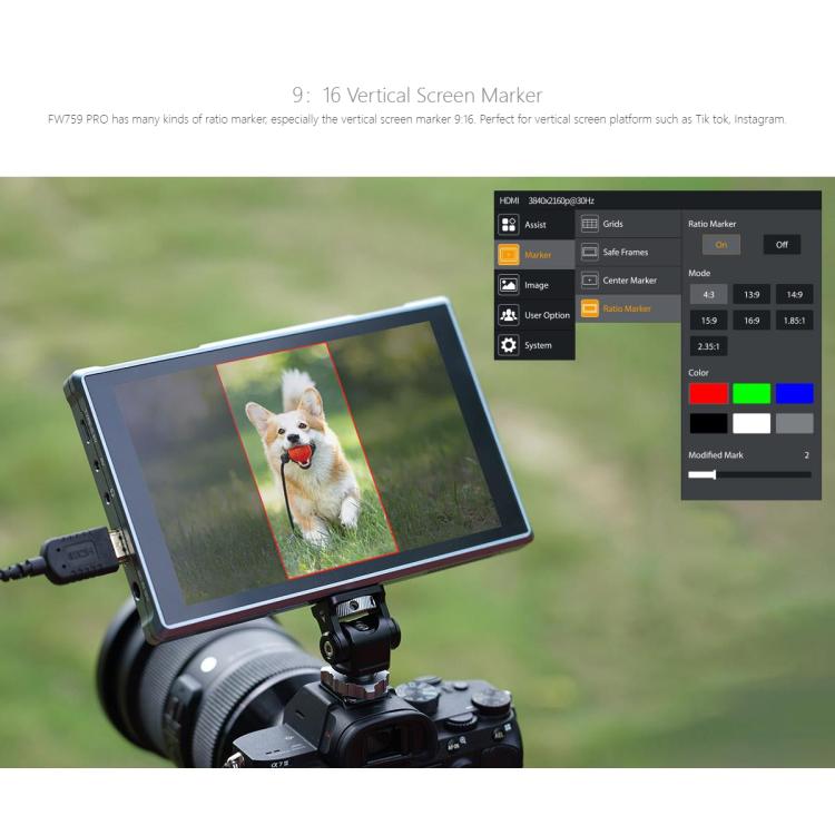 FEELWORLD FW759 Pro 7-inch Touch Screen Camera Field Video Monitor 4K HDMI-compatible 1280 x 800 IPS Screen - Black