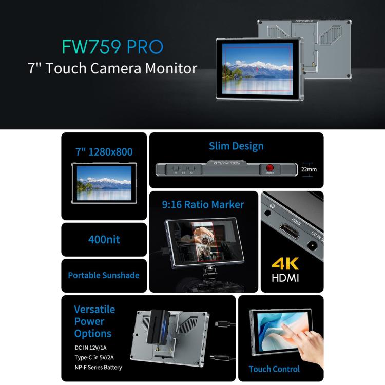 FEELWORLD FW759 Pro 7-inch Touch Screen Camera Field Video Monitor 4K HDMI-compatible 1280 x 800 IPS Screen - Black