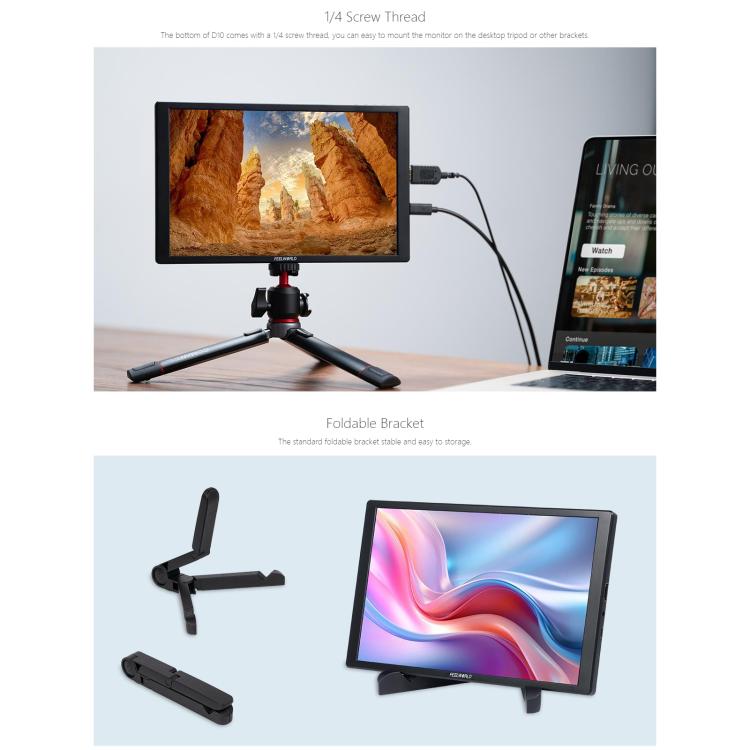 FEELWORLD D10 10.1 inch Portable External Monitor Touch FHD 1920 x 1200 USB-C HDMI-compatible Screen - Black
