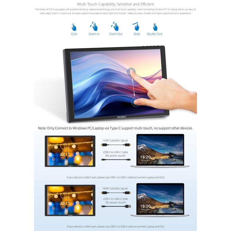 FEELWORLD D10 10.1 inch Portable External Monitor Touch FHD 1920 x 1200 USB-C HDMI-compatible Screen - Black