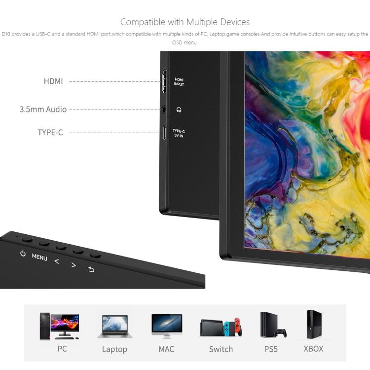 FEELWORLD D10 10.1 inch Portable External Monitor Touch FHD 1920 x 1200 USB-C HDMI-compatible Screen - Black