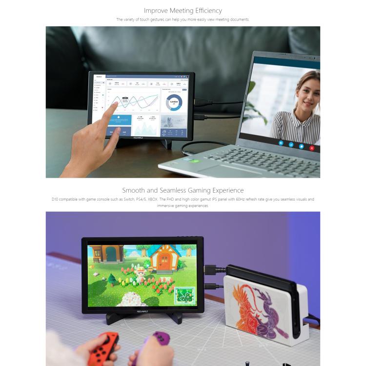 FEELWORLD D10 10.1 inch Portable External Monitor Touch FHD 1920 x 1200 USB-C HDMI-compatible Screen - Black