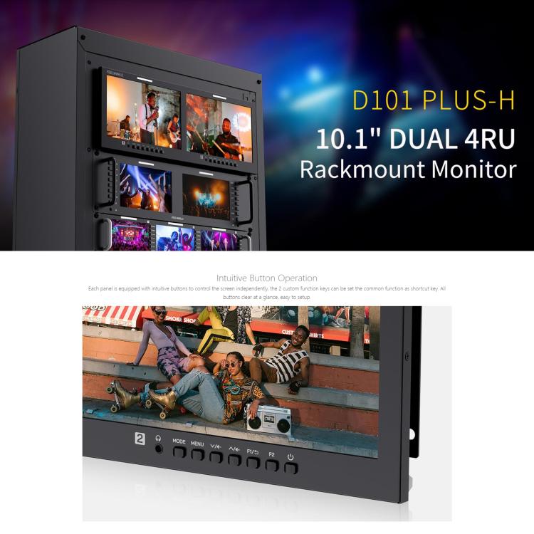 FEELWORLD D101 PLUS-H Dual 10.1 inch 4RU Rackmount Monitor 4K HDMI-compatible CVBS 1920x1200 IPS Screen, Plug:AU Plug - Black