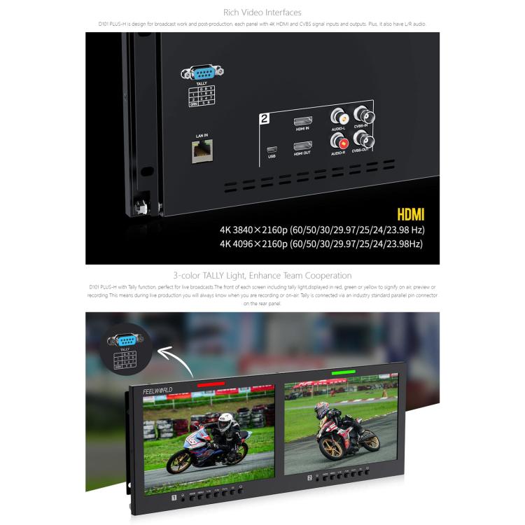 FEELWORLD D101 PLUS-H Dual 10.1 inch 4RU Rackmount Monitor 4K HDMI-compatible CVBS 1920x1200 IPS Screen, Plug:AU Plug - Black