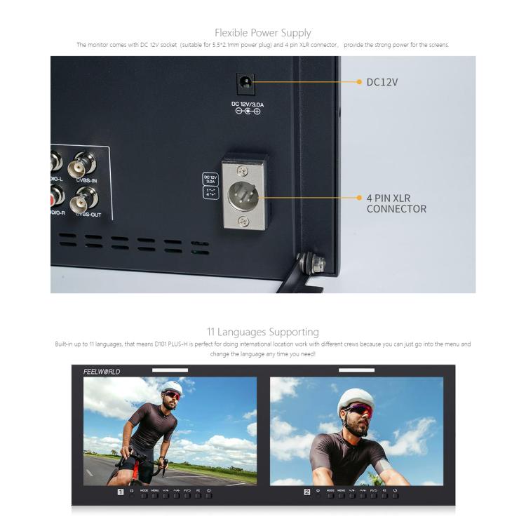 FEELWORLD D101 PLUS-H Dual 10.1 inch 4RU Rackmount Monitor 4K HDMI-compatible CVBS 1920x1200 IPS Screen, Plug:EU Plug - Black